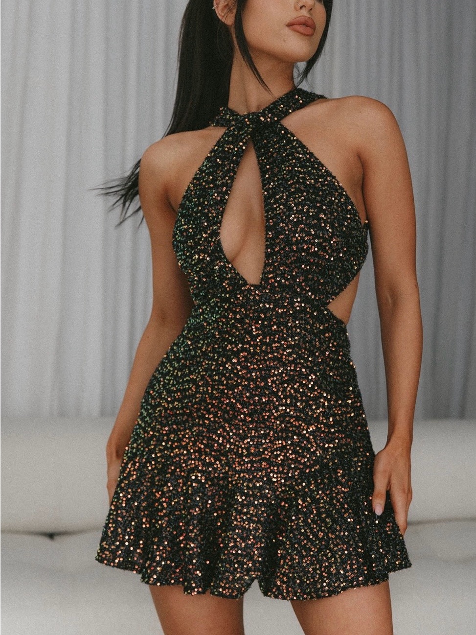 Selfie Leslie Black Multi-Sequin Halter Cutout Mini Dress